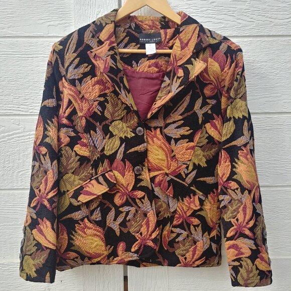 Vintage Robert Louis ramie cotton jacket black with beautiful rust flora… - Picture 1 of 16